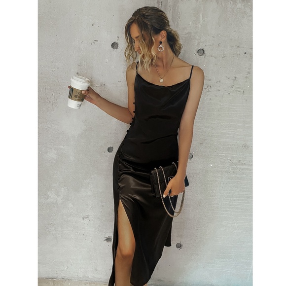 Rouge! Dresses & Skirts - Black Satin Cami High Slit Midi Dress